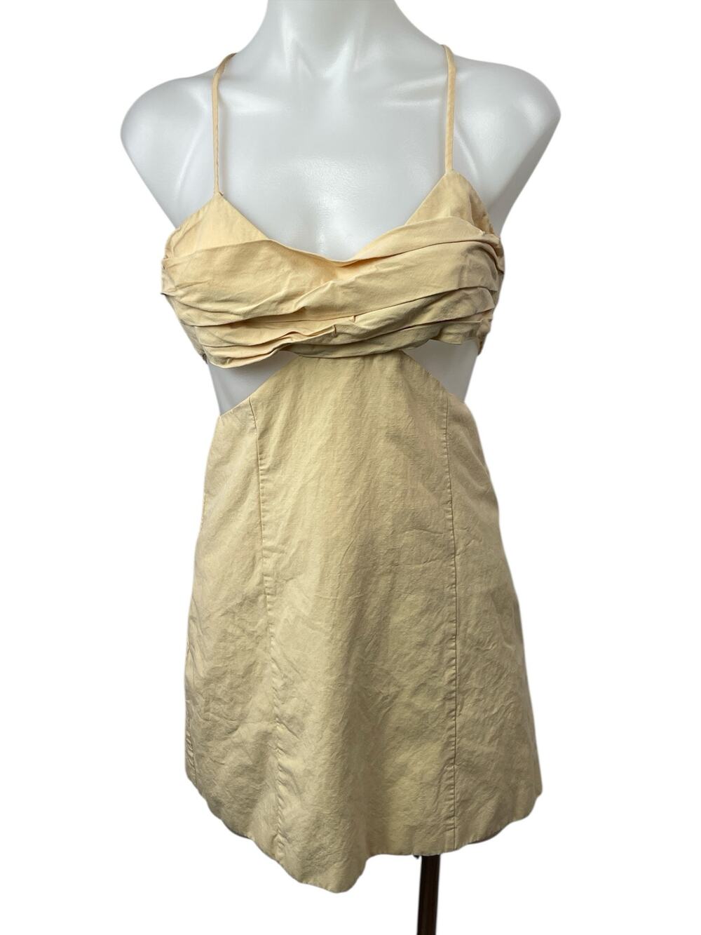 ZARA Yellow Pleated Cut Out Crossback Sleeveless Mini Cami Tank A-line Dress XS